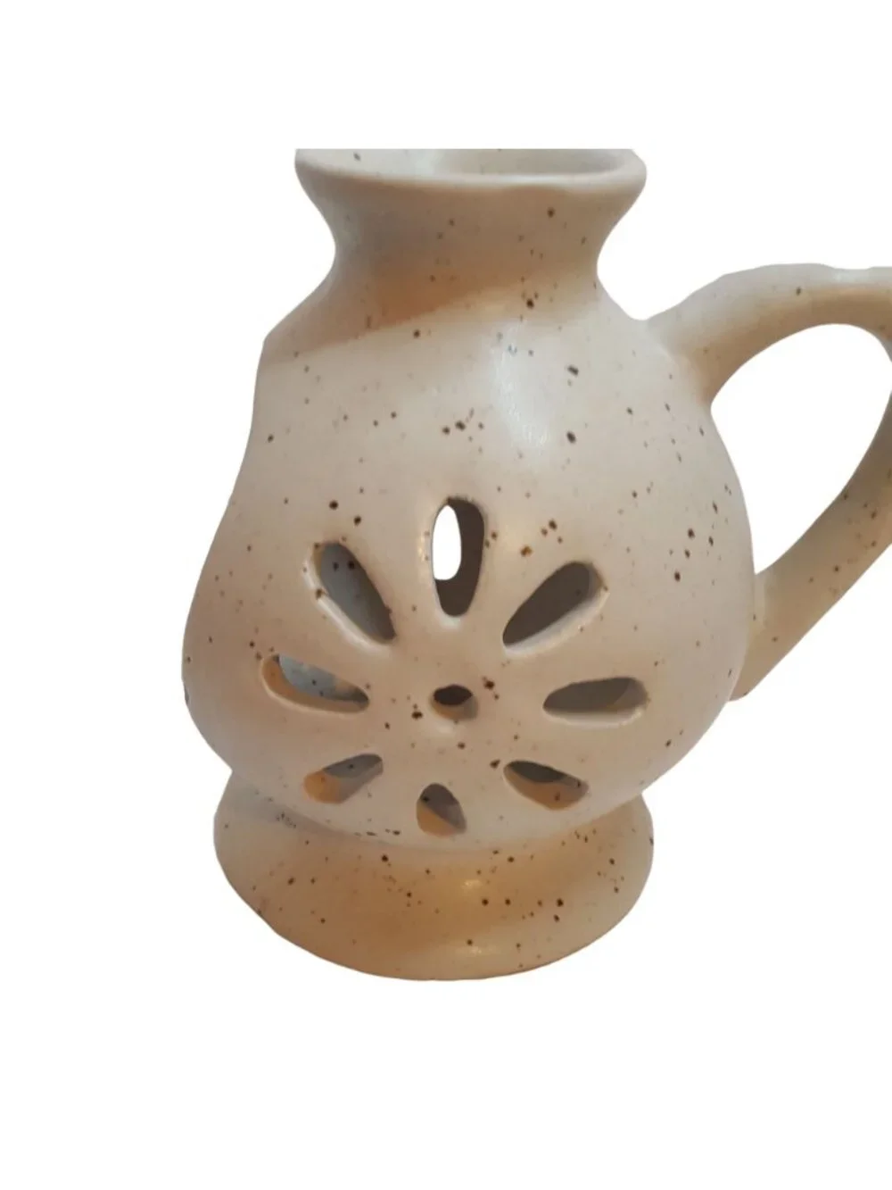 Vintage Brown Speckled Pottery Chamber Candle Holder Rustic Farmhouse Stoneware